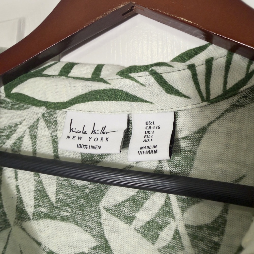 Nicole Miller New York 100% Linen Top Size L Green Tropical Leaf Print Blouse - Picture 2 of 4